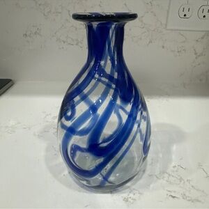 Hand Blown Blue Swirl Vase 7.75”